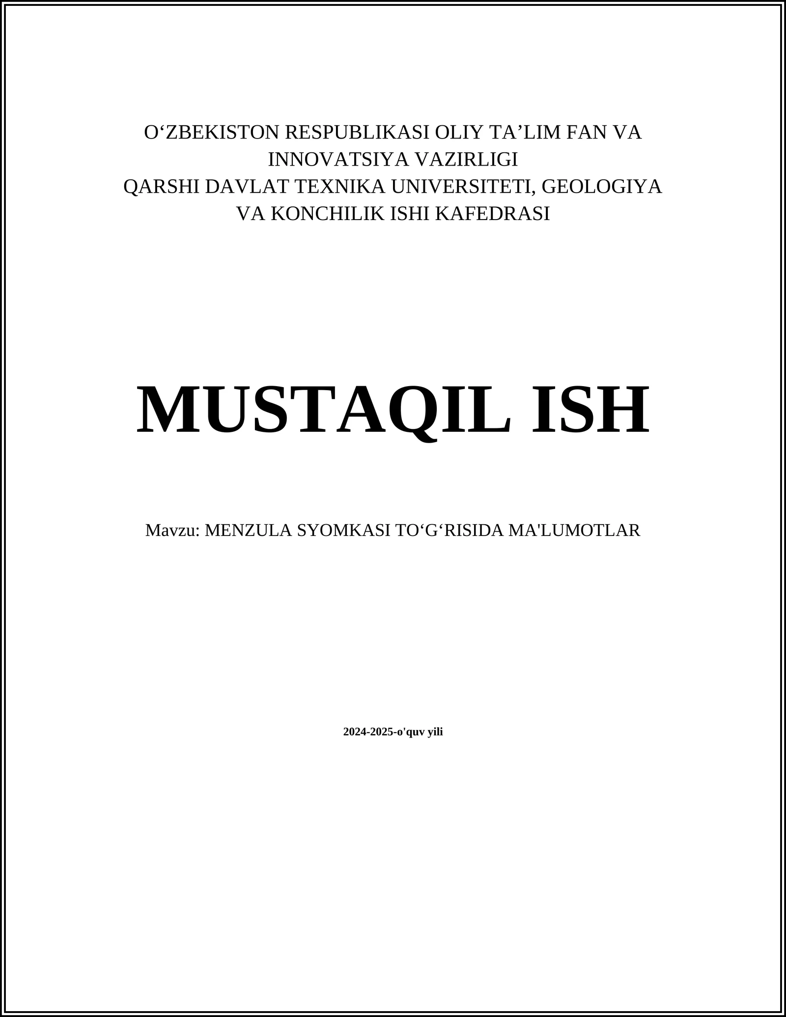 MENZULA SYOMKASI TOʻGʻRISIDA MA'LUMOTLAR