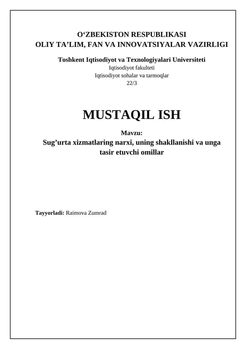 Sug'urta Xizmatlarining Narxi, Shakllanishi va Tasiri