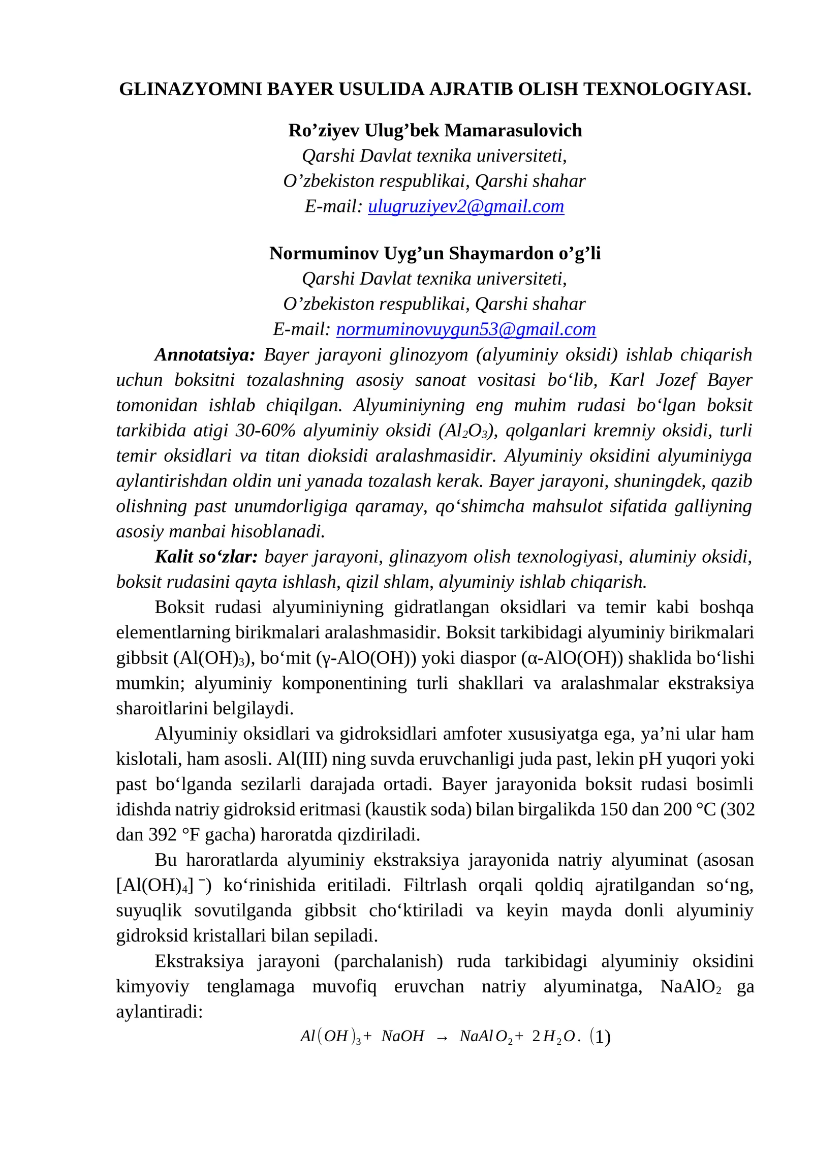 GLINAZYOMNI BAYER USULIDA AJRATIB OLISH TEXNOLOGIYASI