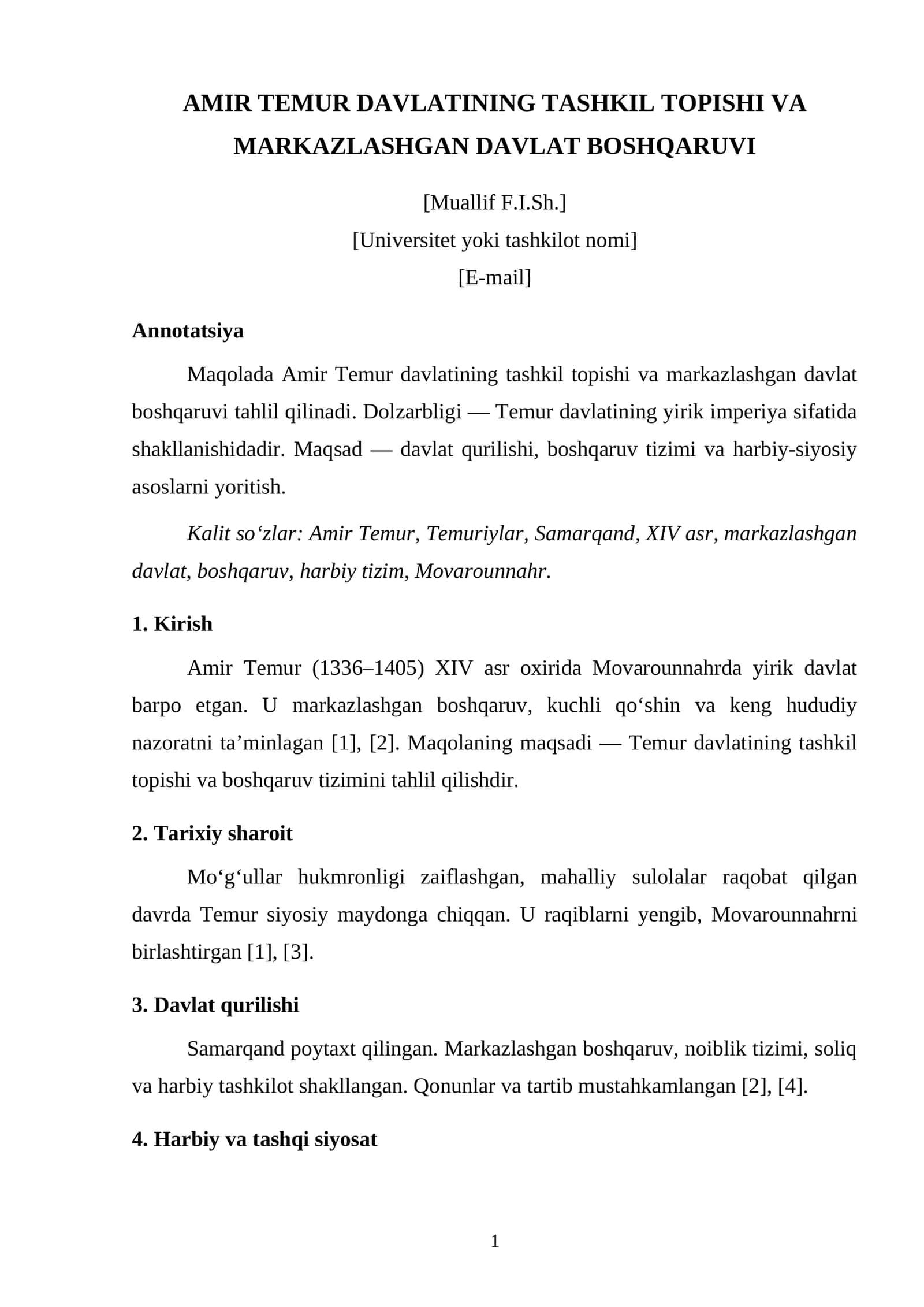 AMIR TEMUR DAVLATINING TASHKIL TOPISHI VA MARKAZLASHGAN DAVLAT BOSHQARUVI