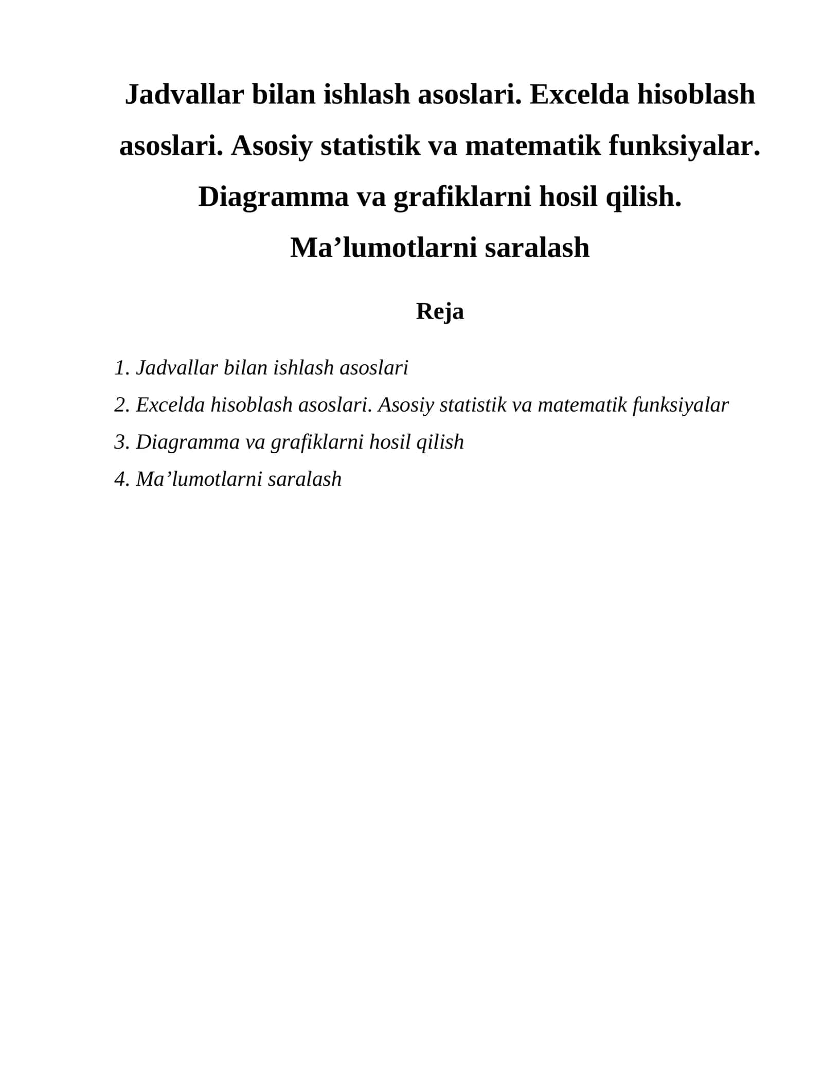 Diagrammalar Excelda