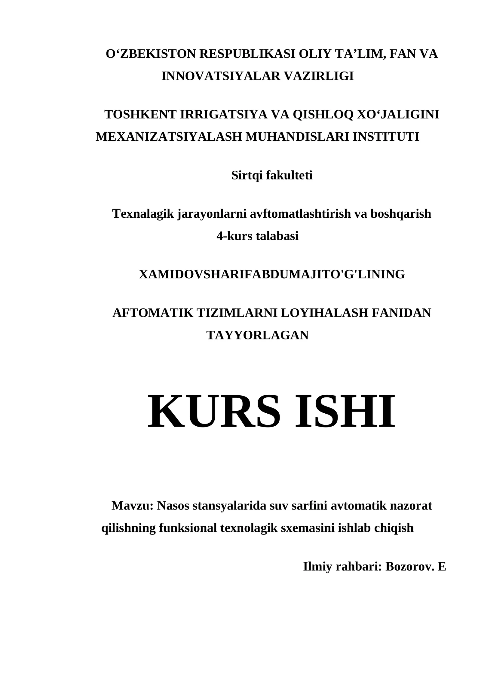 AFTOMATIK TIZIMLARNI LOYIHALASH FANIDAN TAYYORLAGAN KURS ISHI