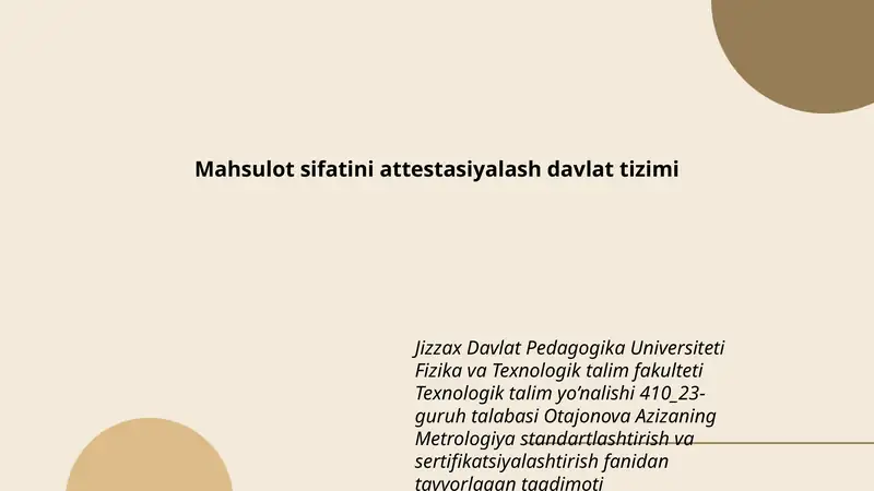 Metrologiya standartlashtirish va sertifikatsiyalashtirish fanidan tayyorlagan taqdimoti