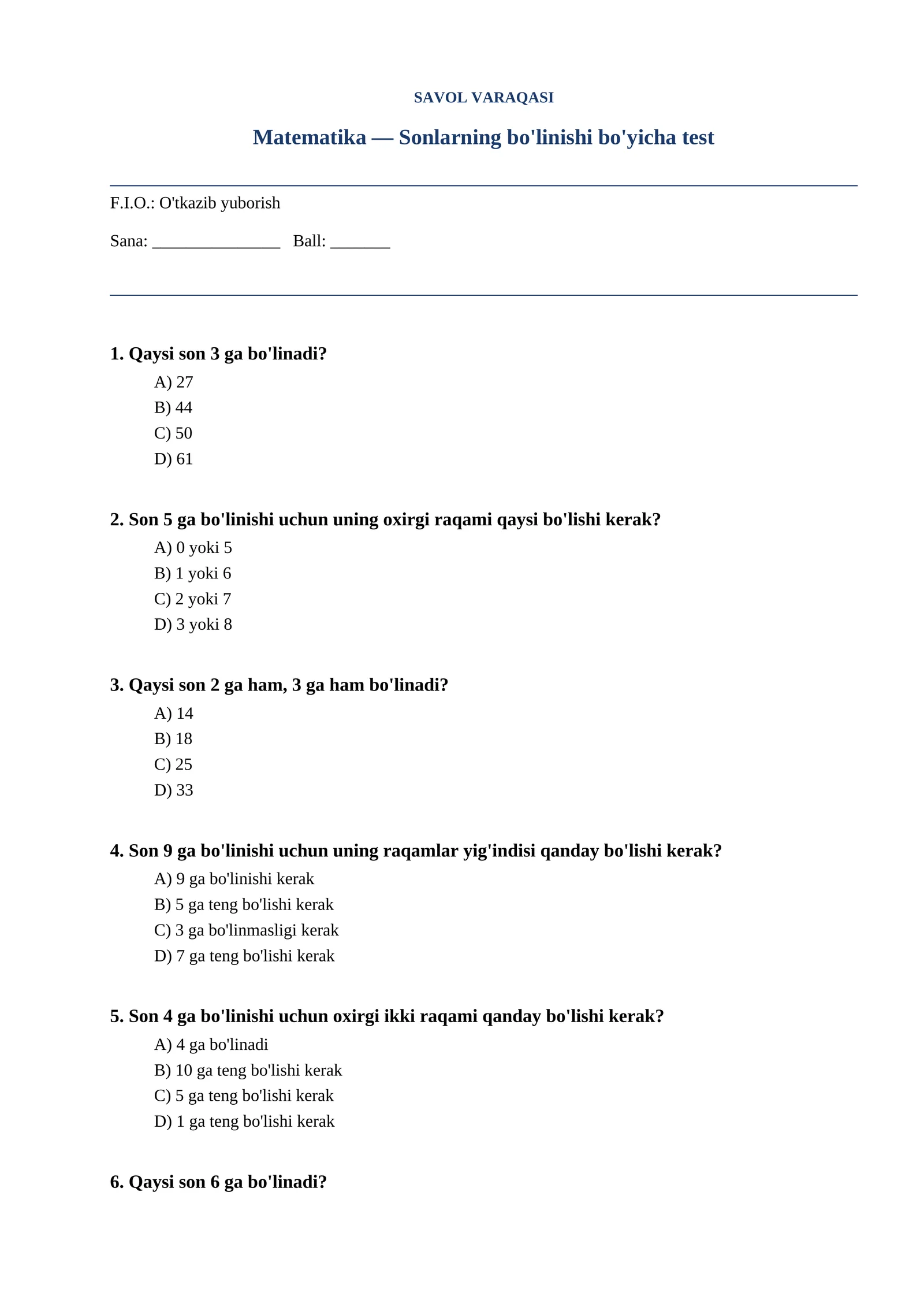 Matematika — Sonlarning bo'linishi bo'yicha test