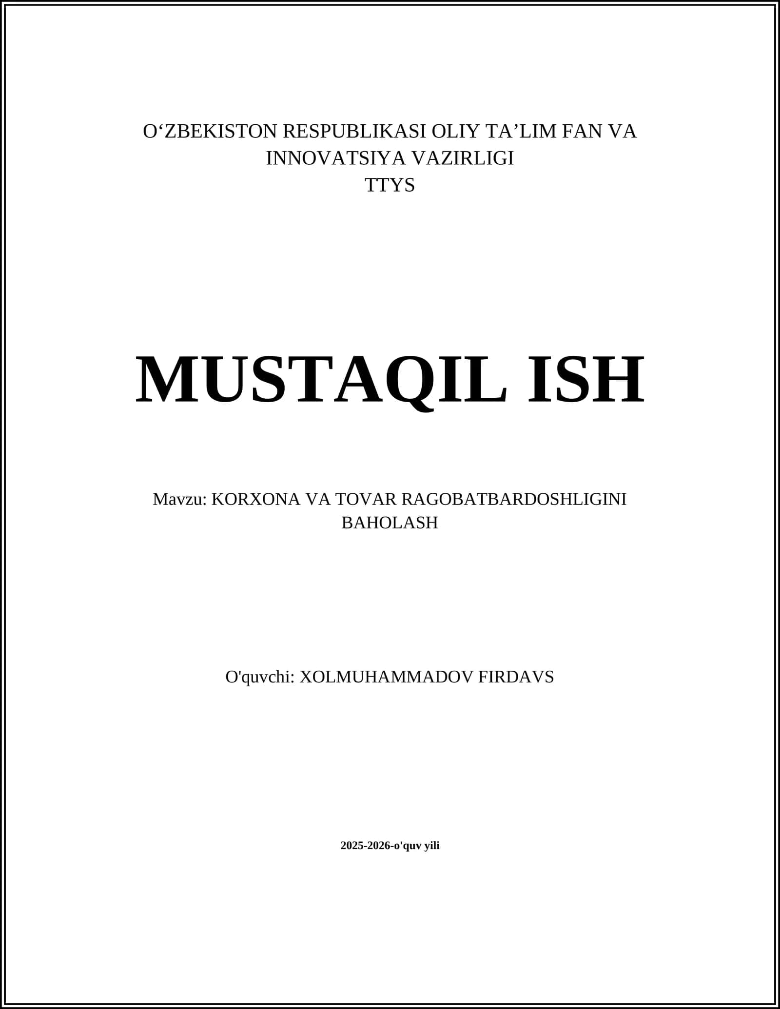 KORXONA VA TOVAR RAGOBATBARDOSHLIGINI BAHOLASH