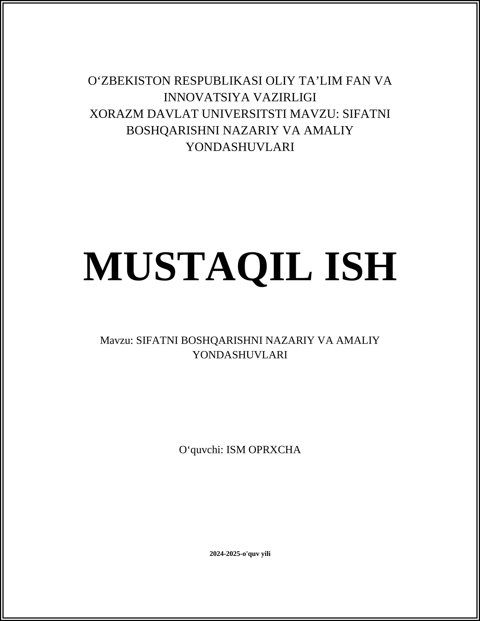 SIFATNI BOSHQARISHNI NAZARIY VA AMALIY YONDASHUVLARI
