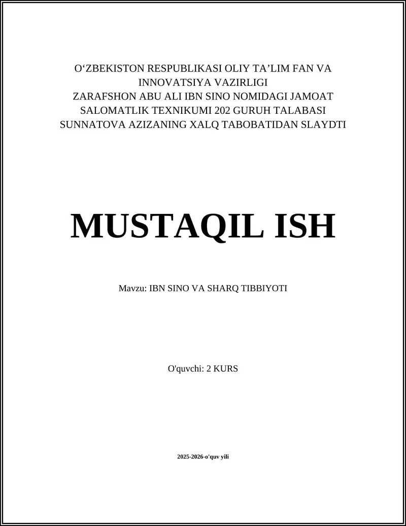 IBN SINO VA SHARQ TIBBIYOTI