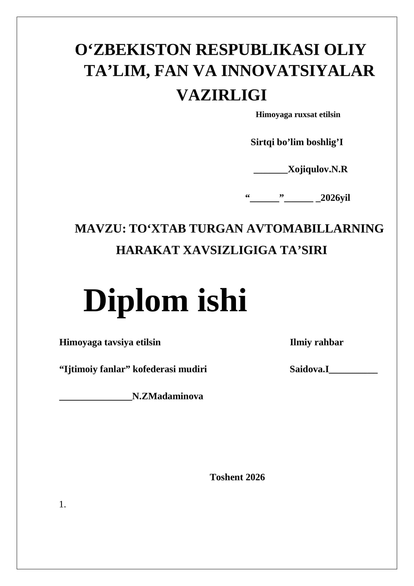 TO‘XTAB TURGAN AVTOMABILLARNING HARAKAT XAVSIZLIGIGA TA’SIRI