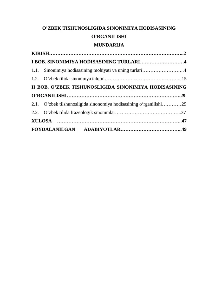 O’ZBEK TISHUNOSLIGIDA SINONIMIYA HODISASINING O’RGANILISHI