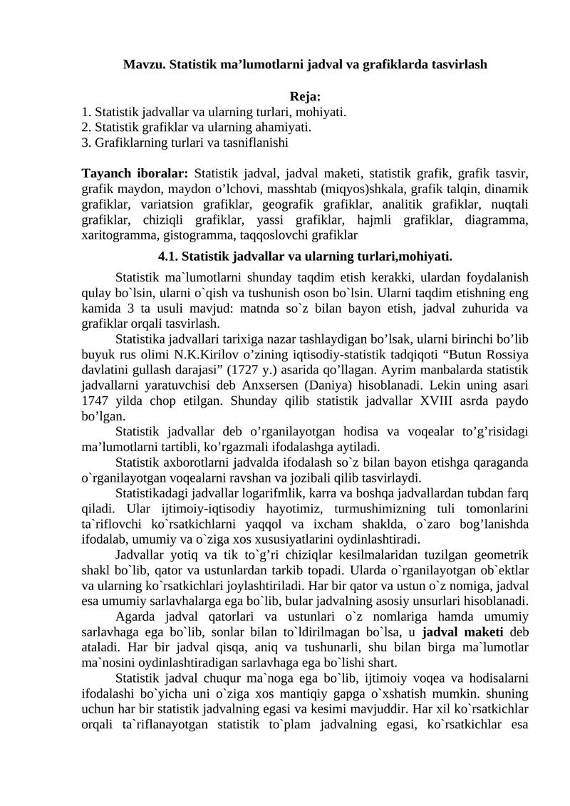 Statistik ma’lumotlarni jadval va grafiklarda tasvirlash