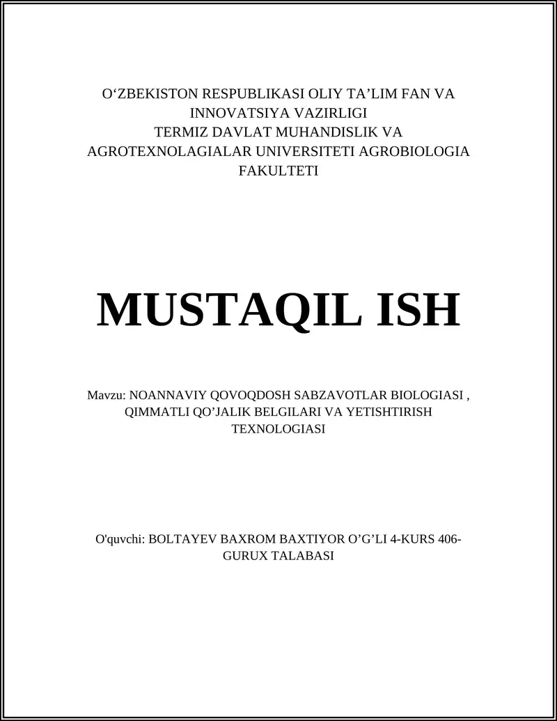 NOANNAVIY QOVOQDOSH SABZAVOTLAR BIOLOGIASI