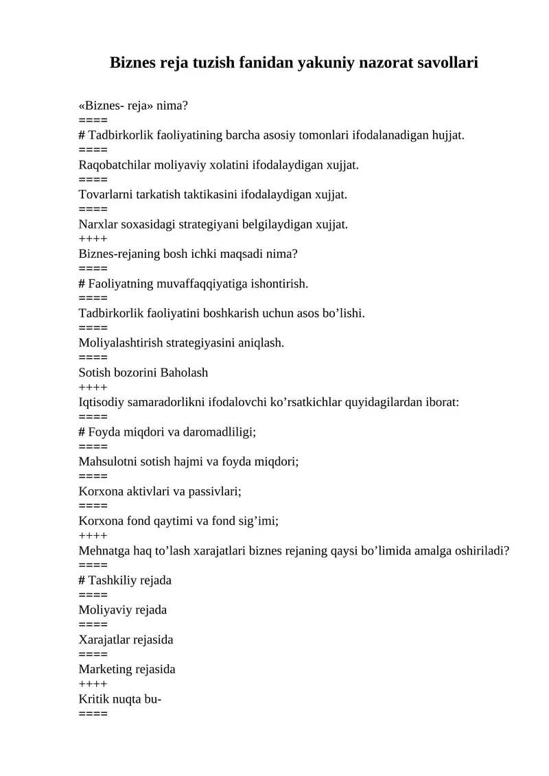 Biznes reja tuzish fanidan yakuniy nazorat savollari