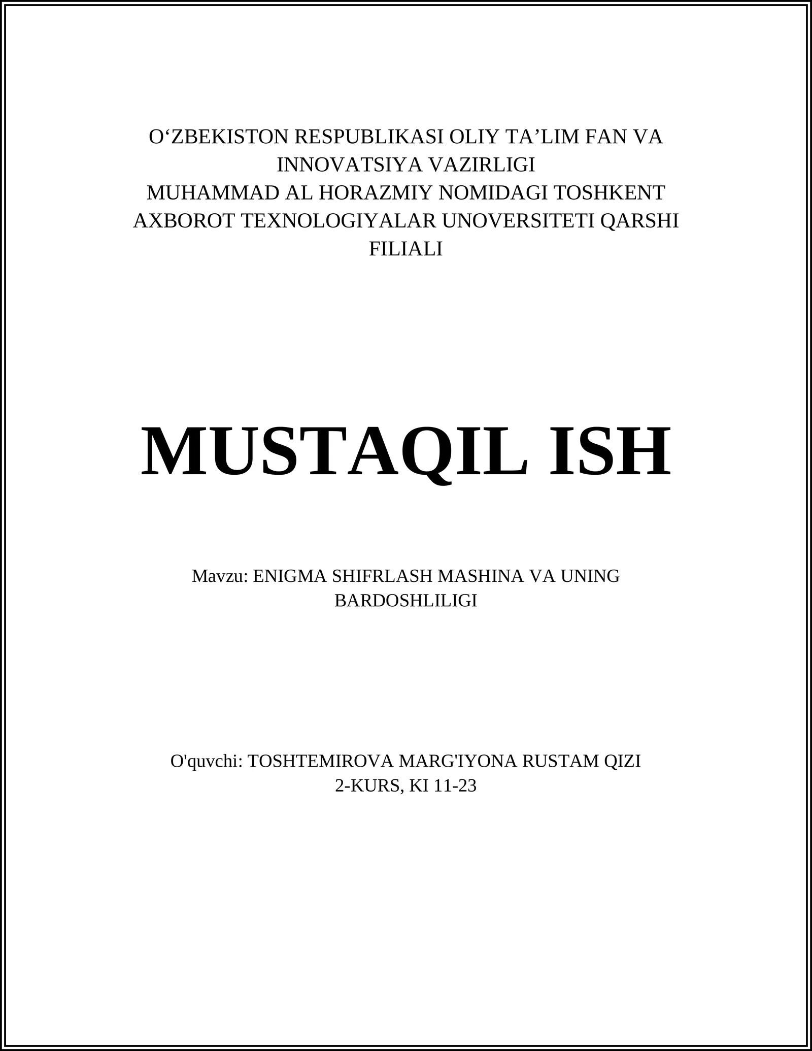 ENIGMA SHIFRLASH MASHINA VA UNING BARDOSHLILIGI