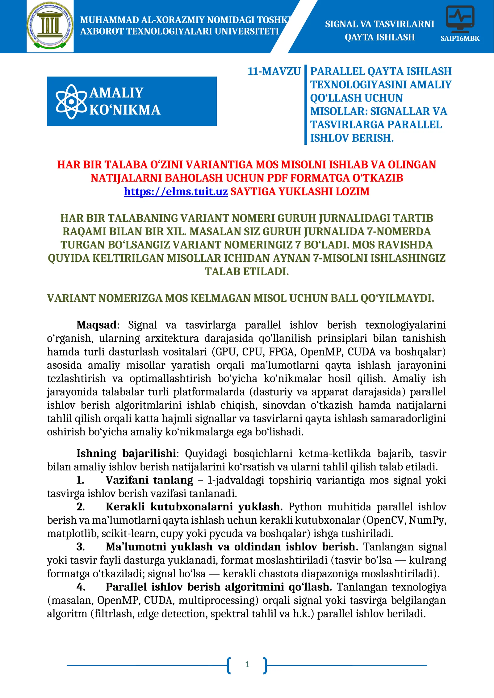 PARALLEL QAYTA ISHLASH TEXNOLOGIYASI AMALIY QO‘LLASH