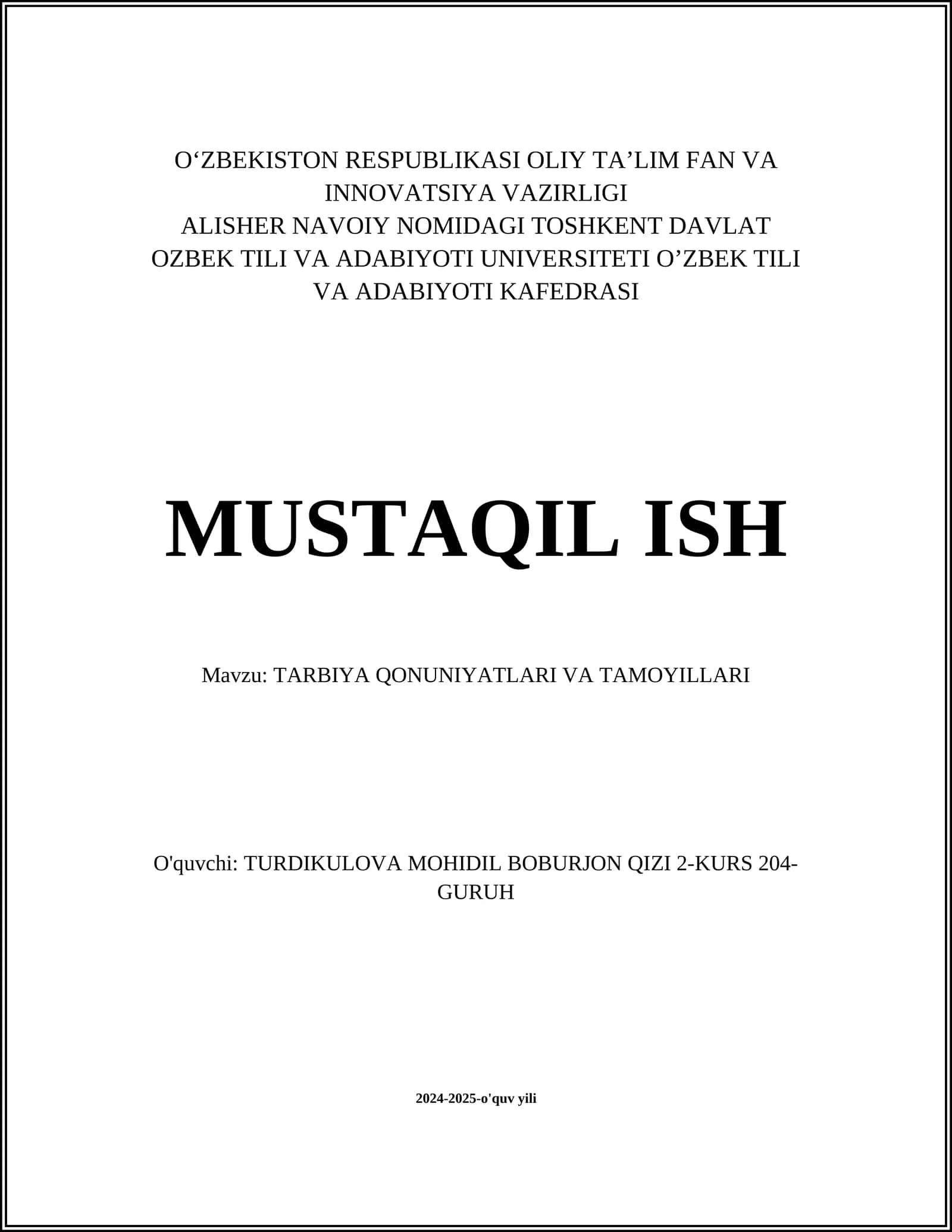 TARBIYA QONUNIYATLARI VA TAMOYILLARI