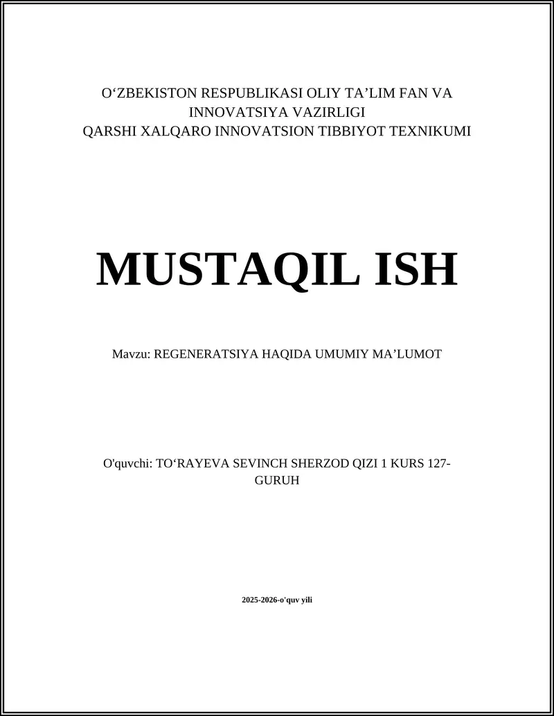 REGENERATSIYA HAQIDA UMUMIY MAʼLUMOT