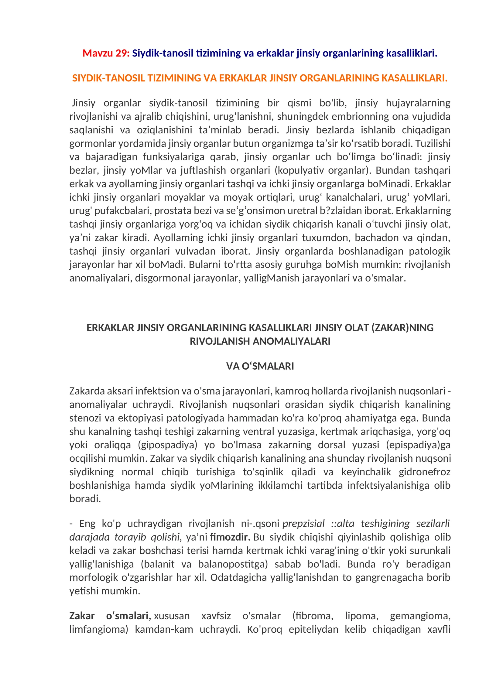 Siydik-tanosil tizimining va erkaklar jinsiy organlarining kasalliklari