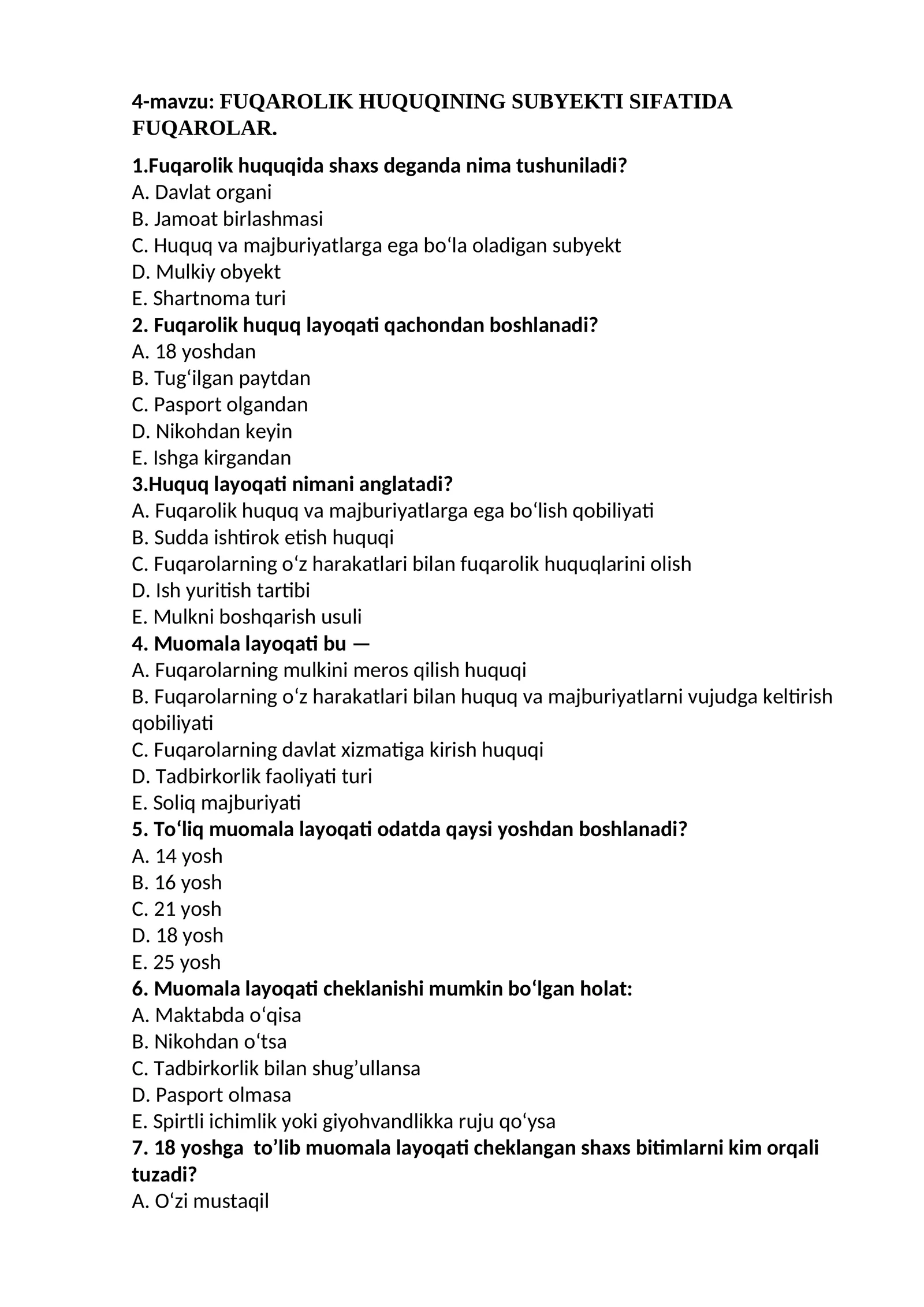 FUQAROLIK HUQUQINING SUBYEKTI SIFATIDA FUQAROLAR