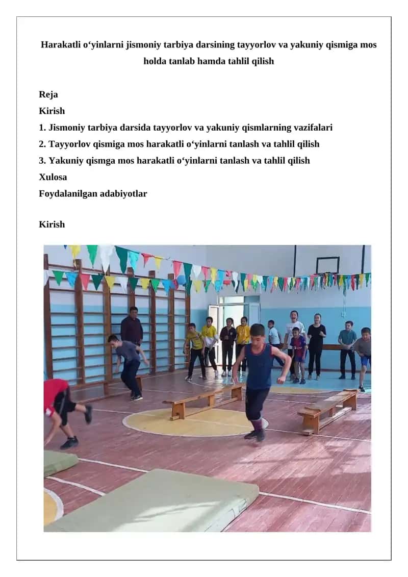 Jismoniy Tarbiya Darsi Harakatli O'yinlari