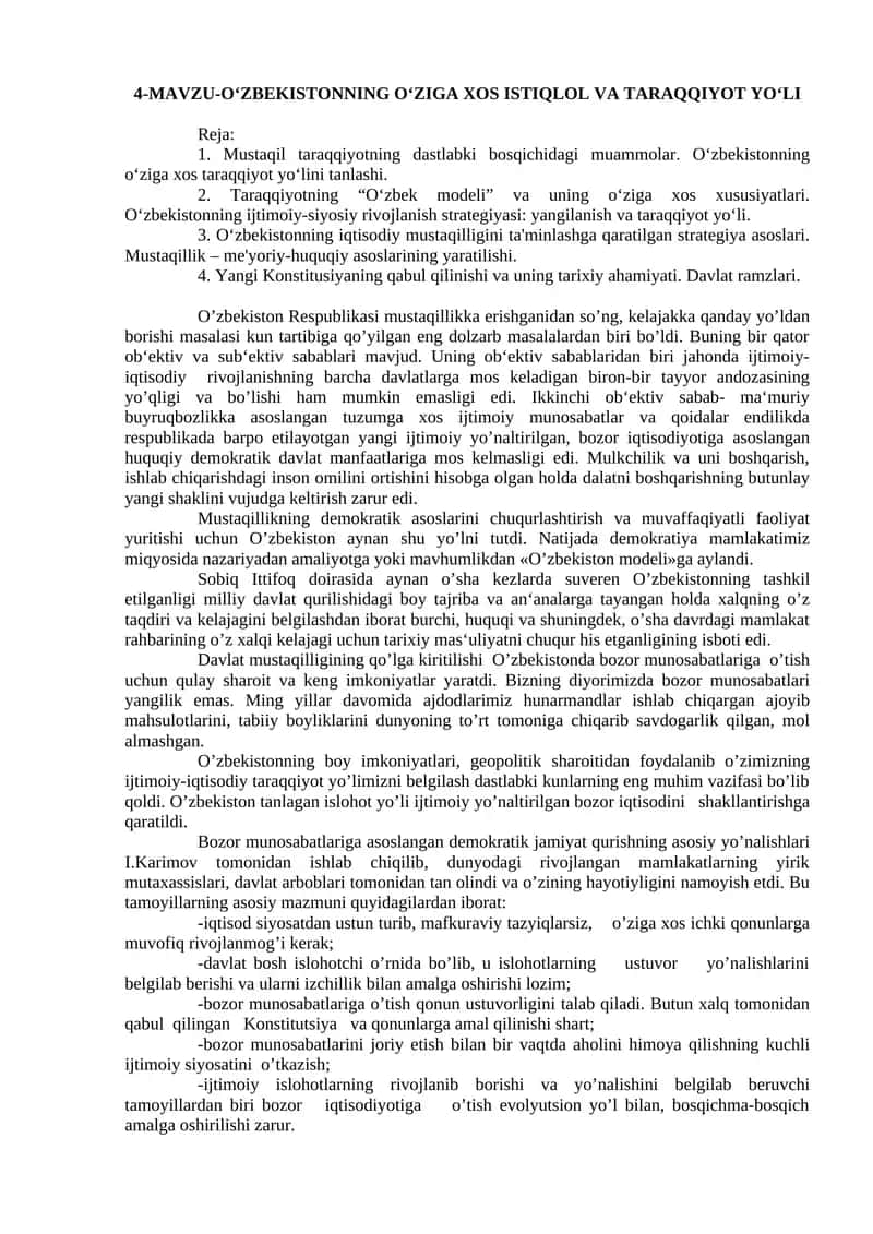 O‘zbekistonning O‘ziga Xos Istiqlol va Taraqqiyot Yo‘li
