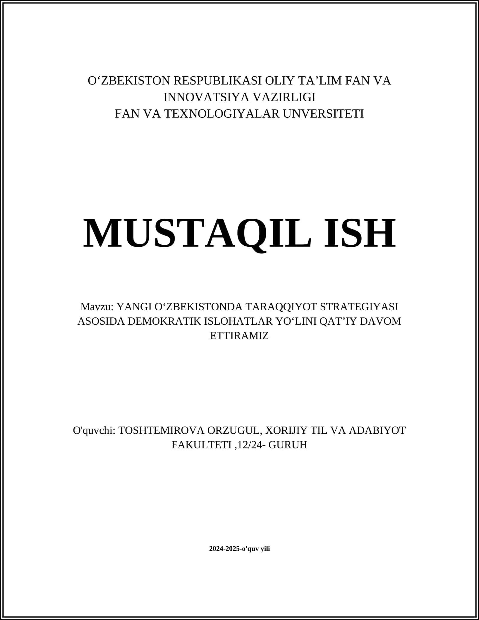 YANGI OʻZBEKISTONDA TARAQQIYOT STRATEGIYASI ASOSIDA DEMOKRATIK ISLOHATLAR YOʻLINI QATʼIY DAVOM ETTIRAMIZ
