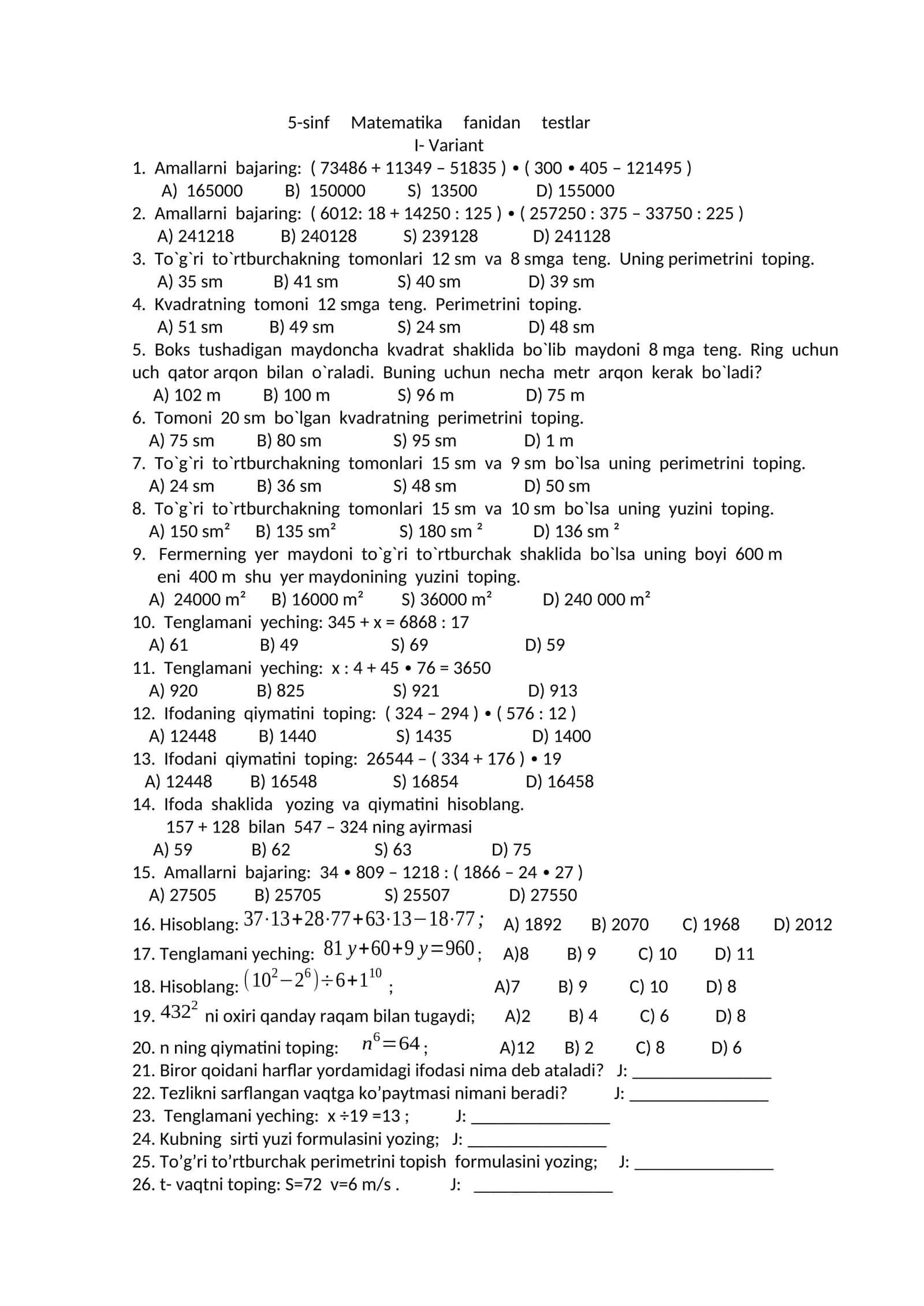 5-sinf Matematika fanidan testlar