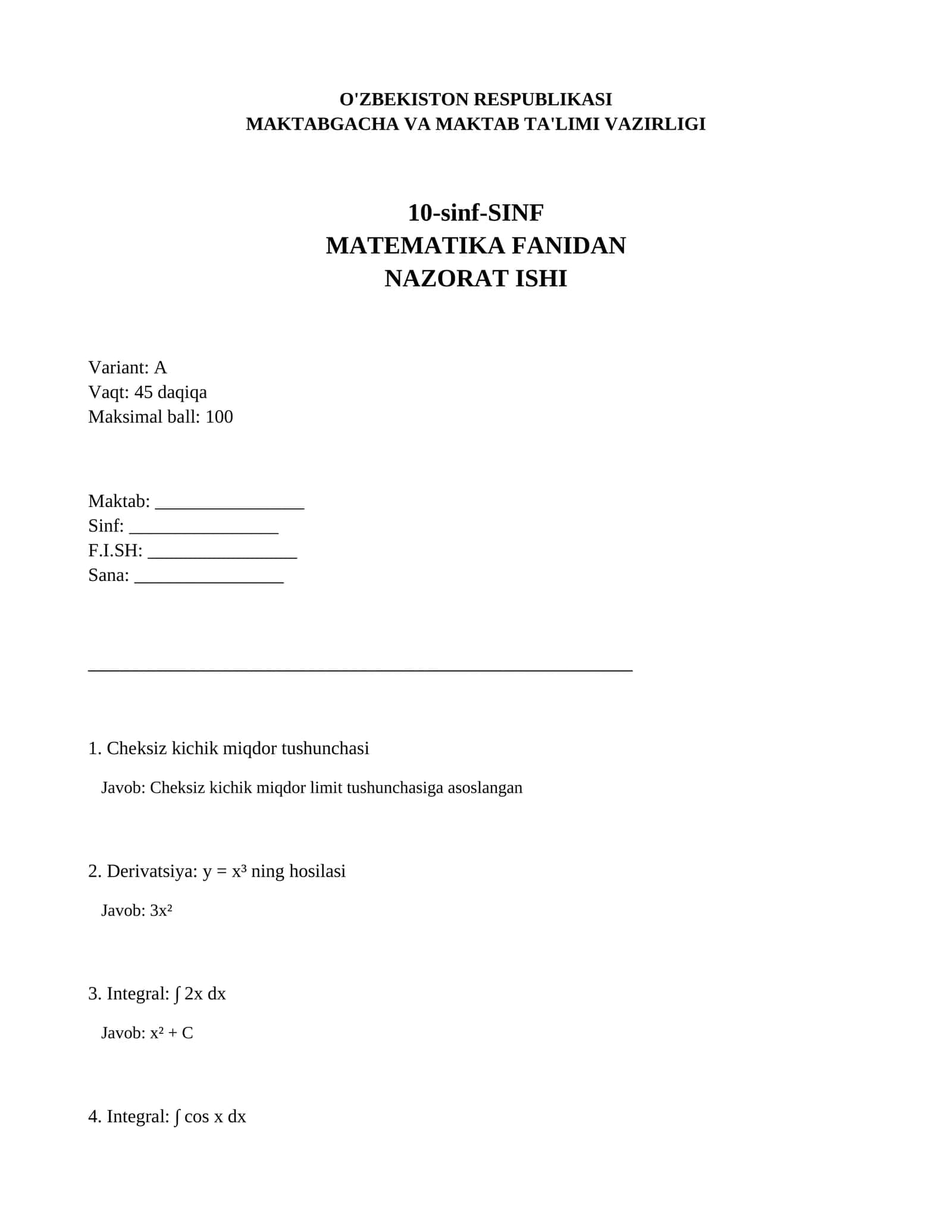 10-sinf-SINF Matematika fanidan nazorat ishi