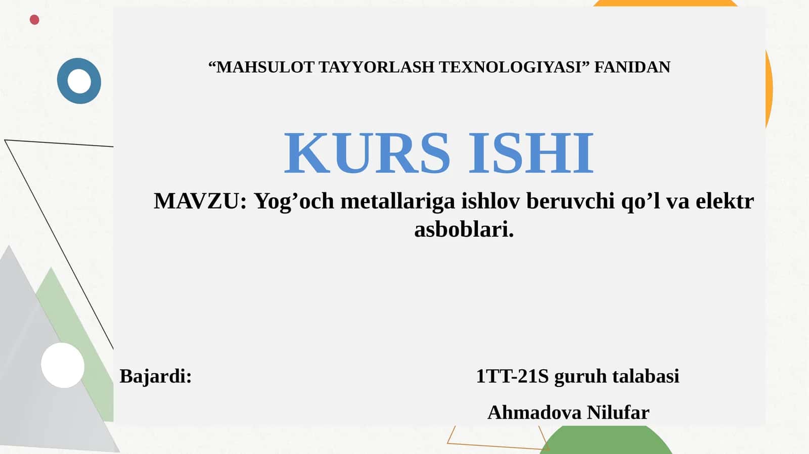 “MAHSULOT TAYYORLASH TEXNOLOGIYASI” FANIDAN KURS ISHI