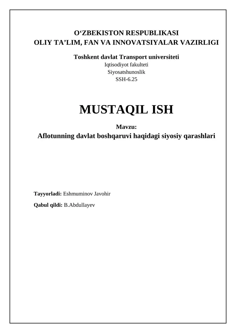Aflotunning davlat boshqaruvi haqidagi qarashlari