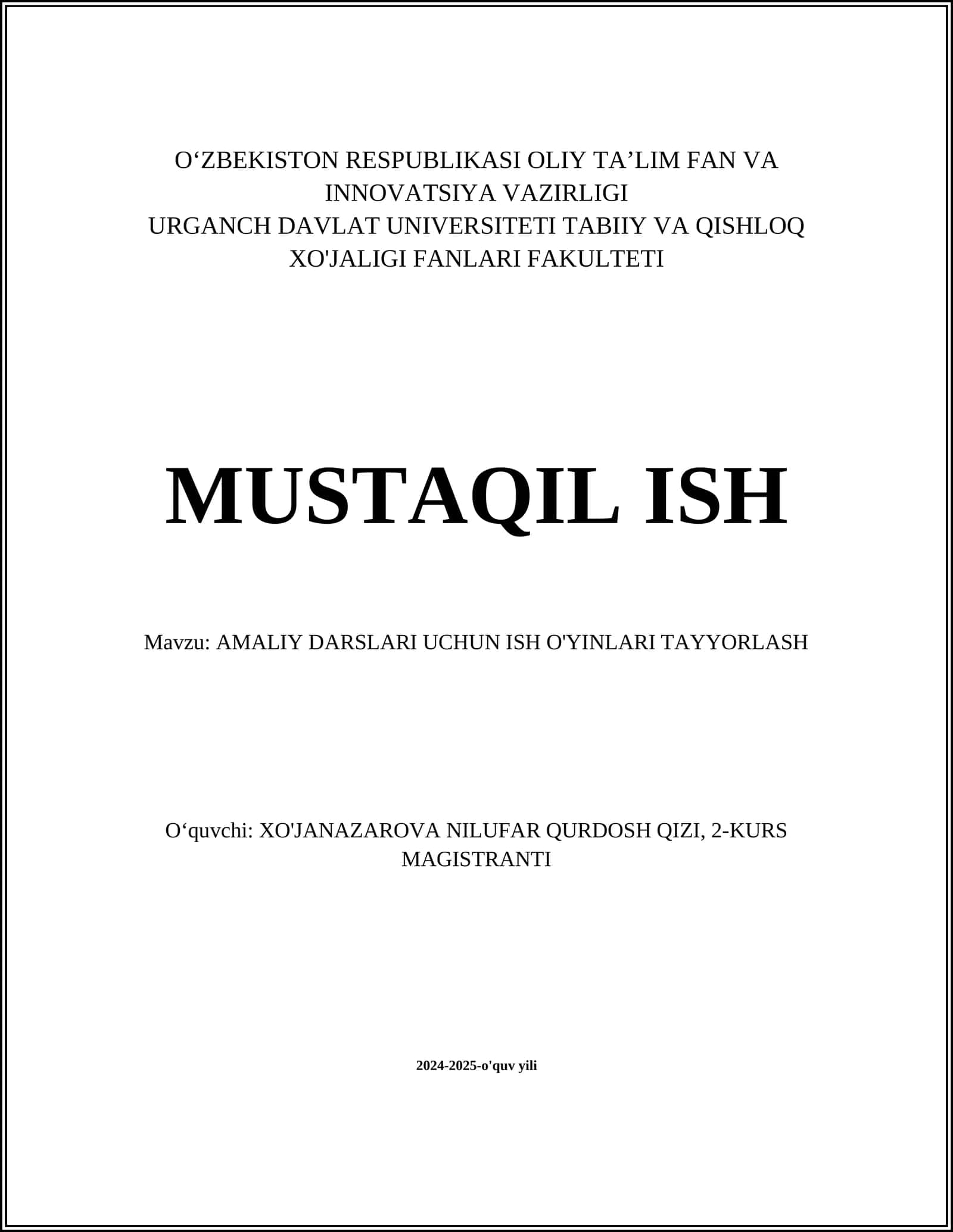 AMALIY DARSLARI UCHUN ISH O'YINLARI TAYYORLASH