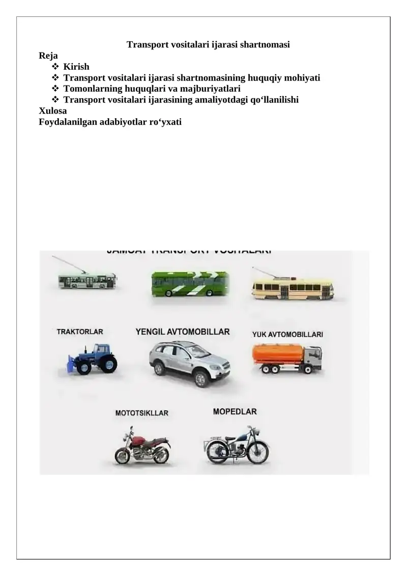 Transport vositalari ijarasi shartnomasi