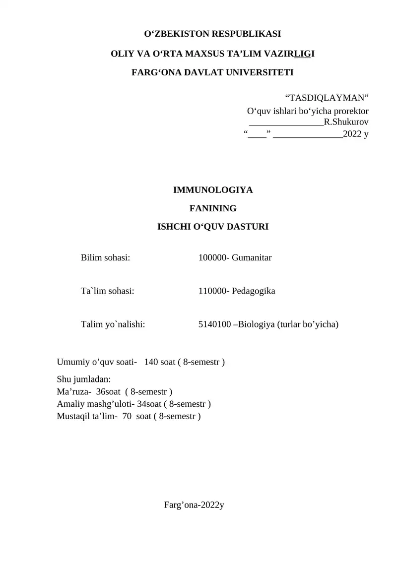 IMMUNOLOGIYA FANINING ISHCHI O‘QUV DASTURI