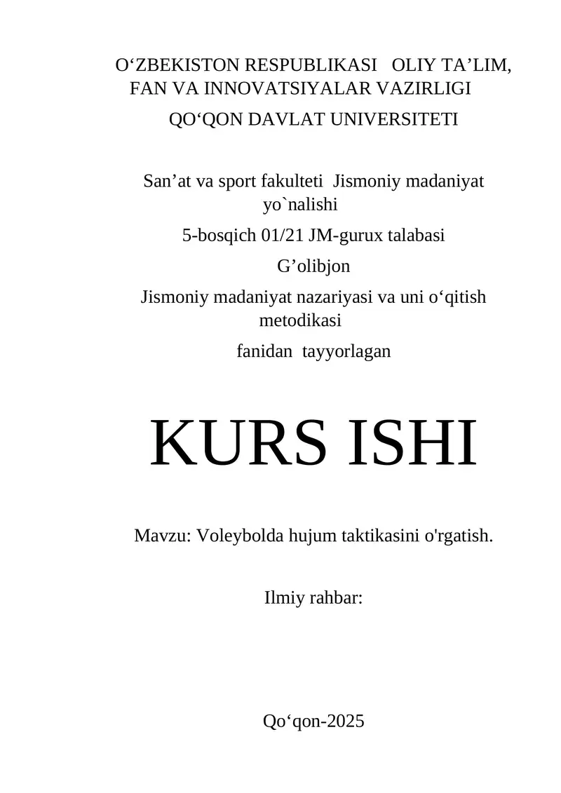Voleybolda hujum taktikasini o'rgatish