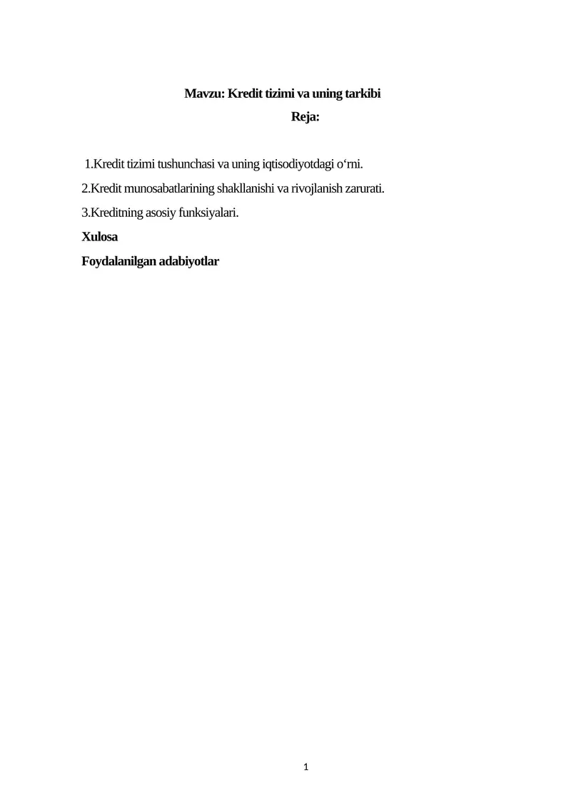 Kredit tizimi va uning tarkibi