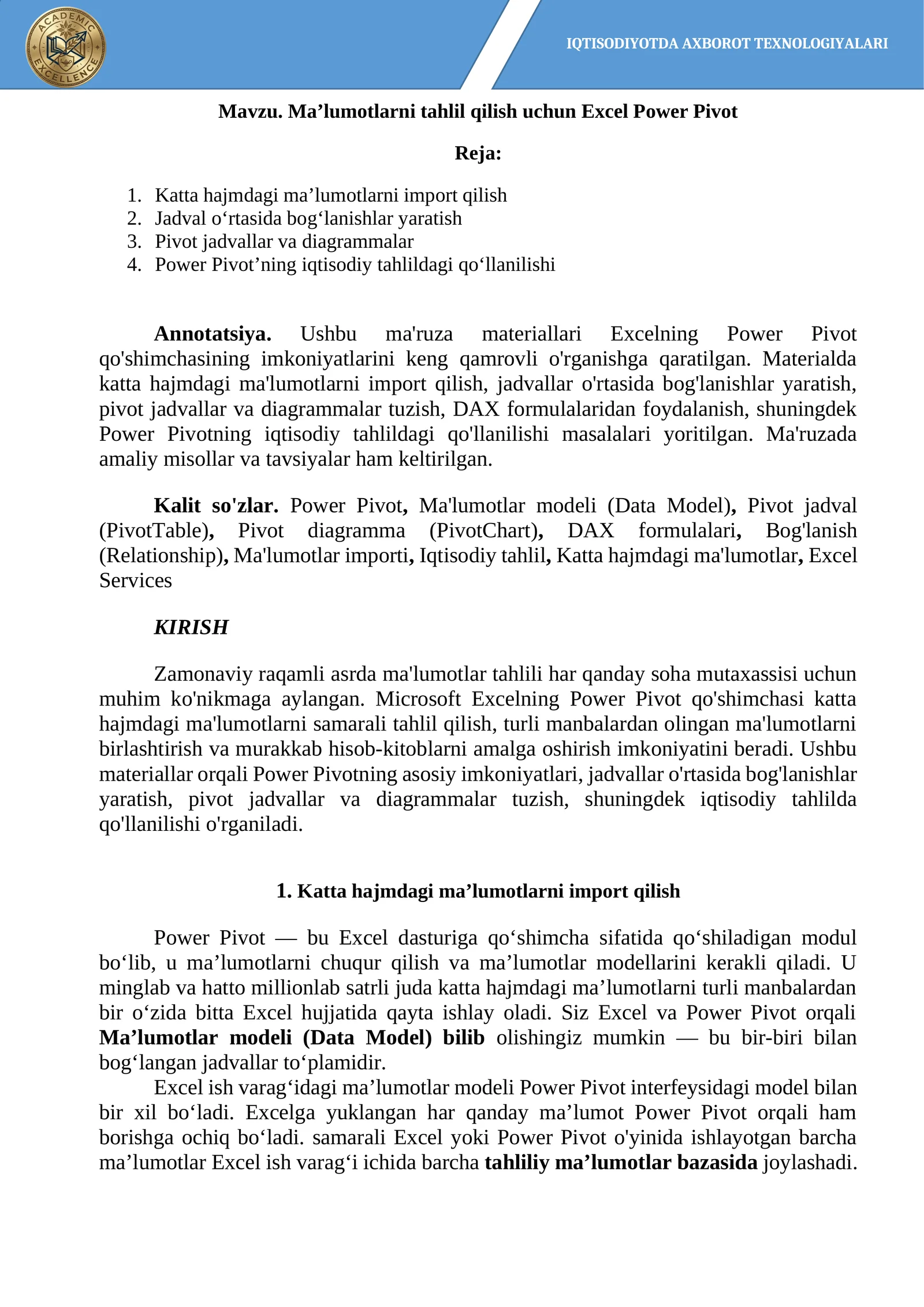 Ma’lumotlarni tahlil qilish uchun Excel Power Pivot