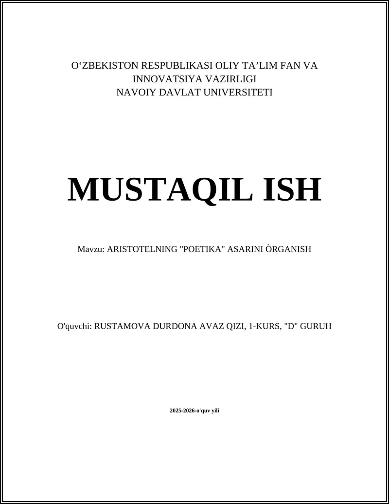 ARISTOTELNING "POETIKA" ASARINI ÒRGANISH
