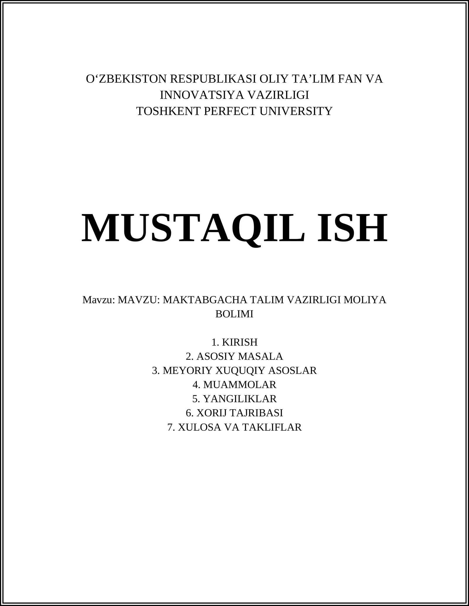 TOSHKENT PERFECT UNIVERSITY MUSTAQIL ISH