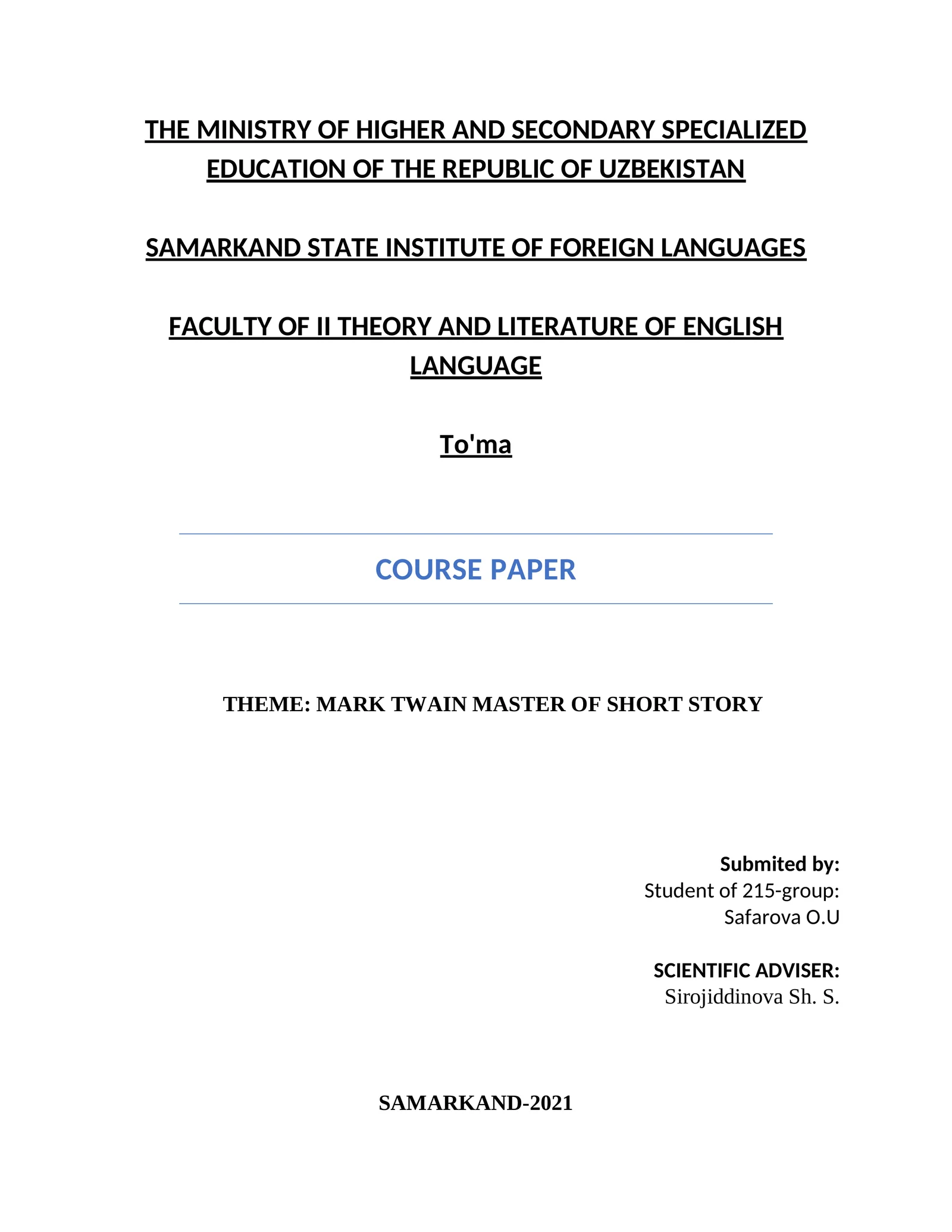 MARK TWAIN MASTER OF SHORT STORY