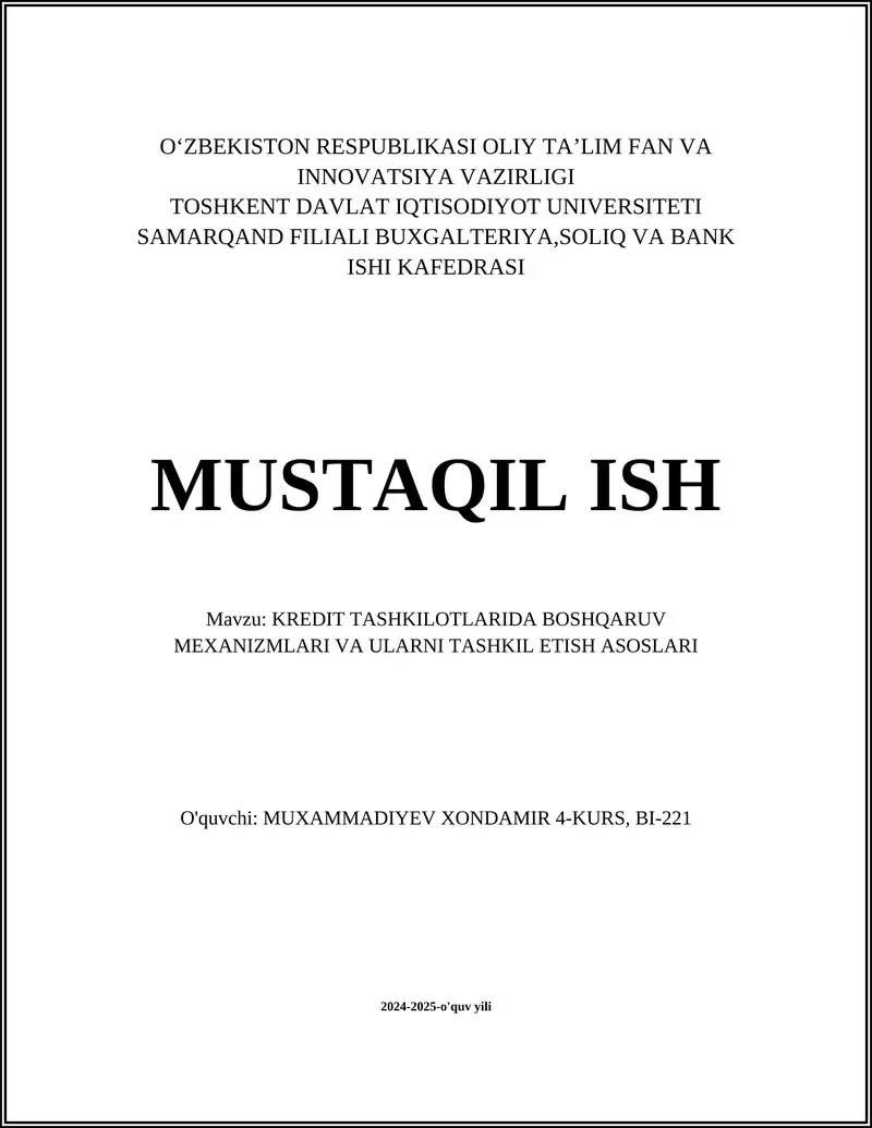 KREDIT TASHKILOTLARIDA BOSHQARUV MEXANIZMLARI VA ULARNI TASHKIL ETISH ASOSLARI