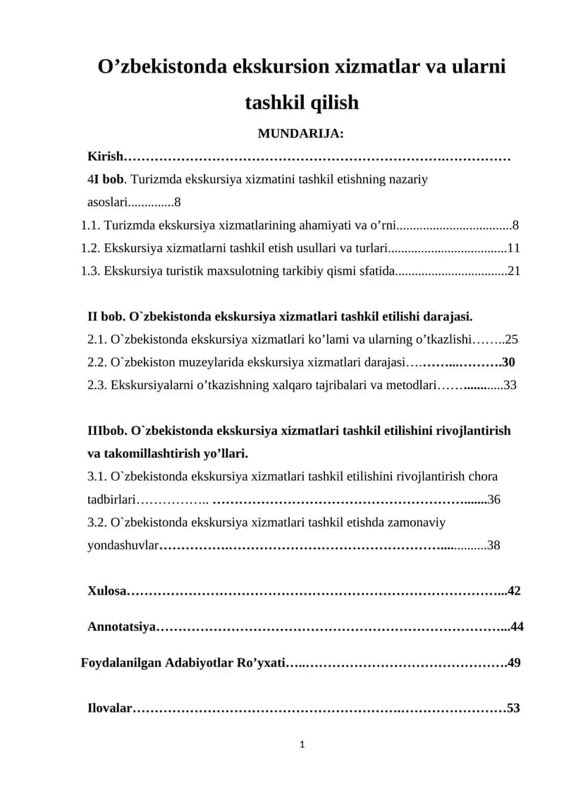 O'zbekistonda ekskursion xizmatlar va ularni tashkil qilish