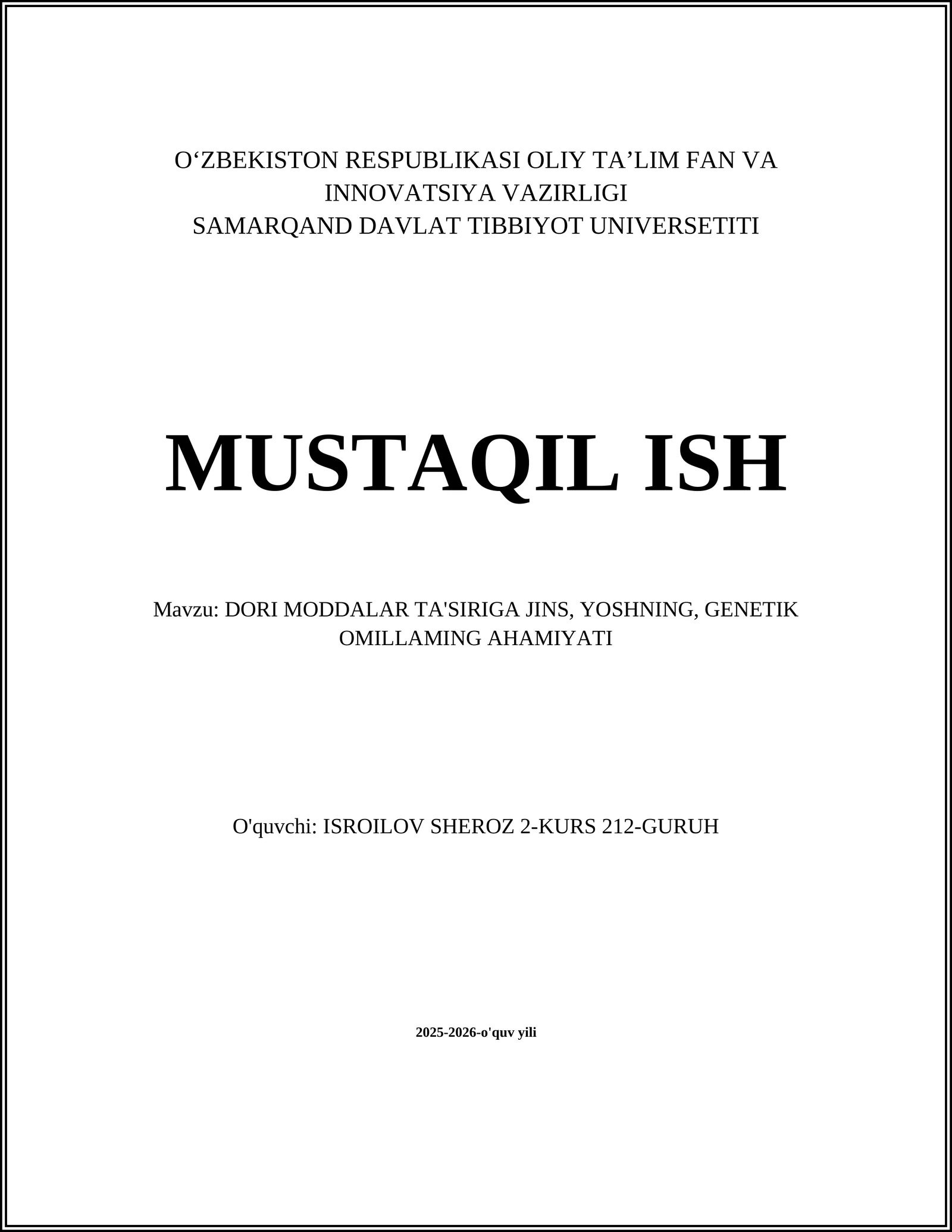 DORI MODDALAR TA'SIRIGA JINS, YOSHNING, GENETIK OMILLAMING AHAMIYATI