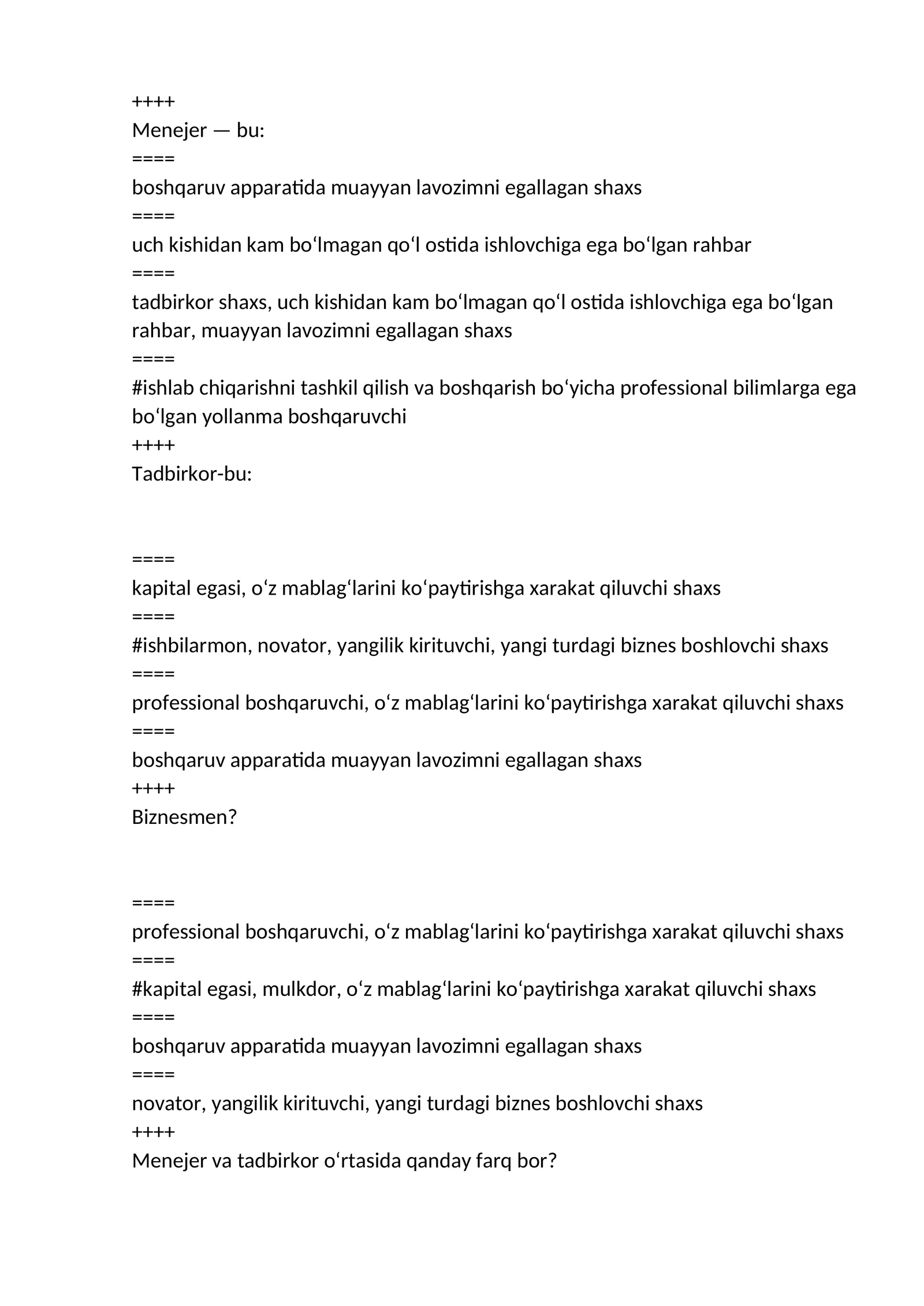 biznesda boshqaruv hisobi fanidan yakuniy savollari testlari