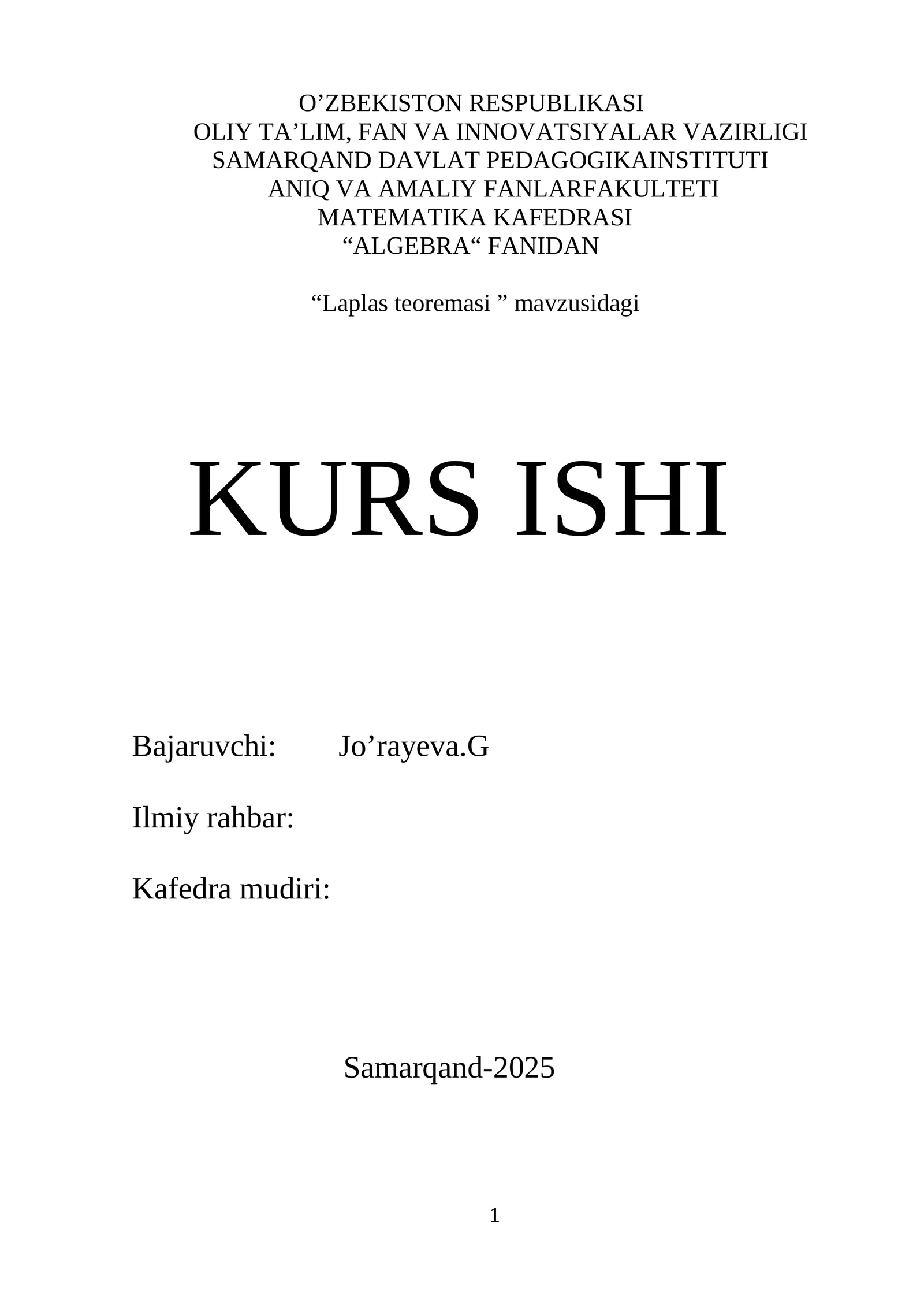 “Laplas teoremasi ” mavzusidagi KURS ISHI