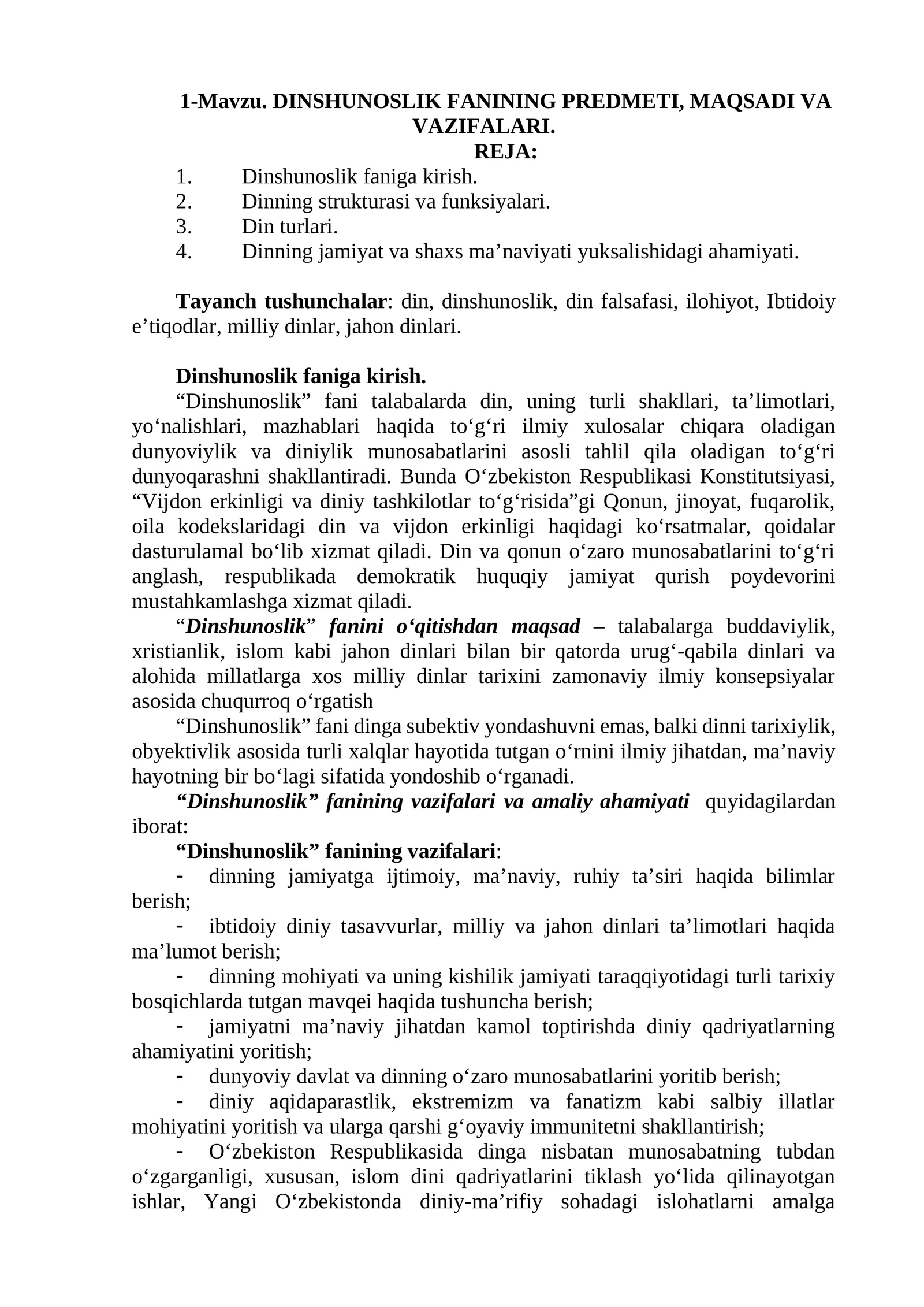 DINSHUNOSLIK FANINING PREDMETI, MAQSADI VA VAZIFALARI