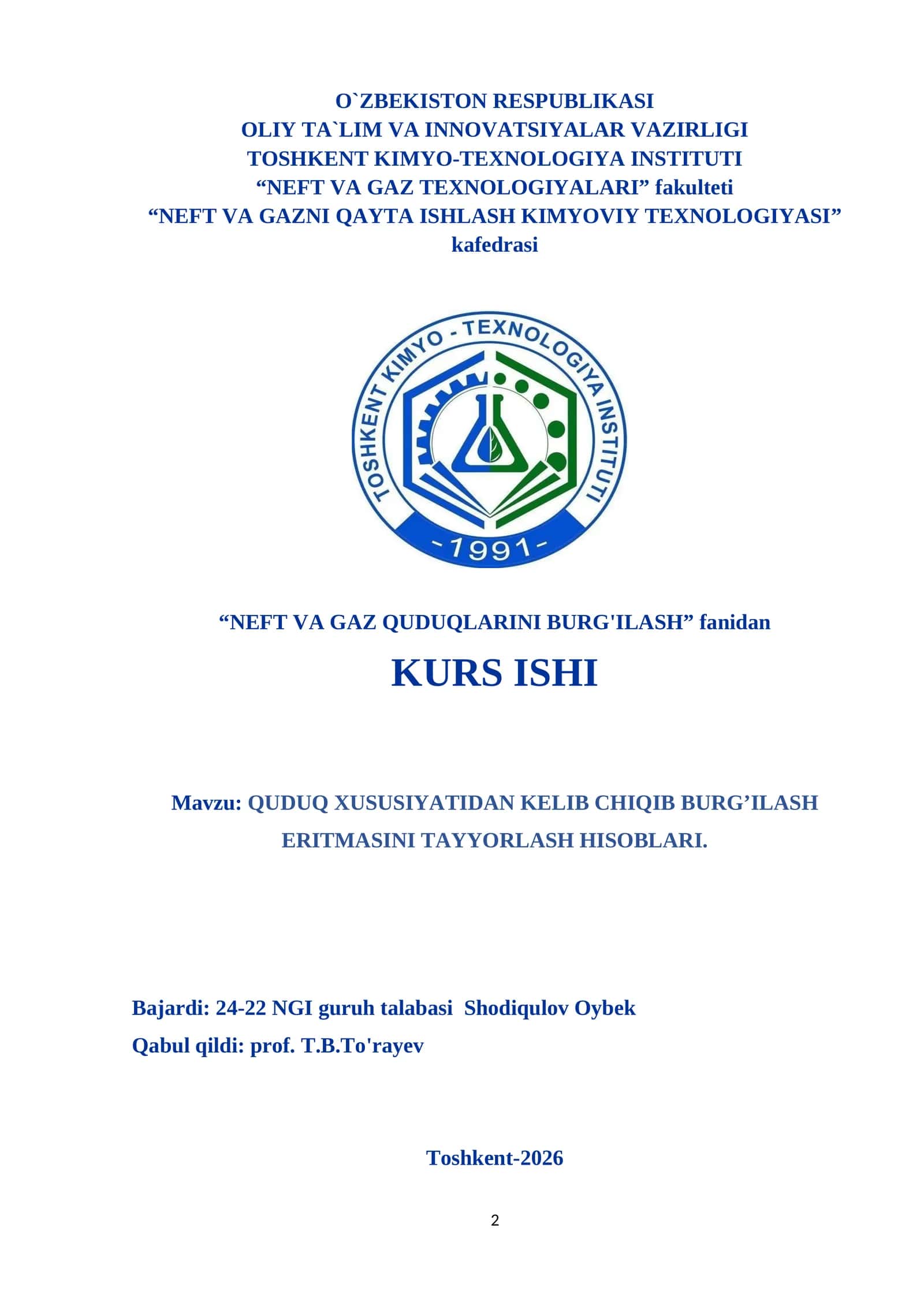 burg’ilash eritmasini tayyorlash hisoblari