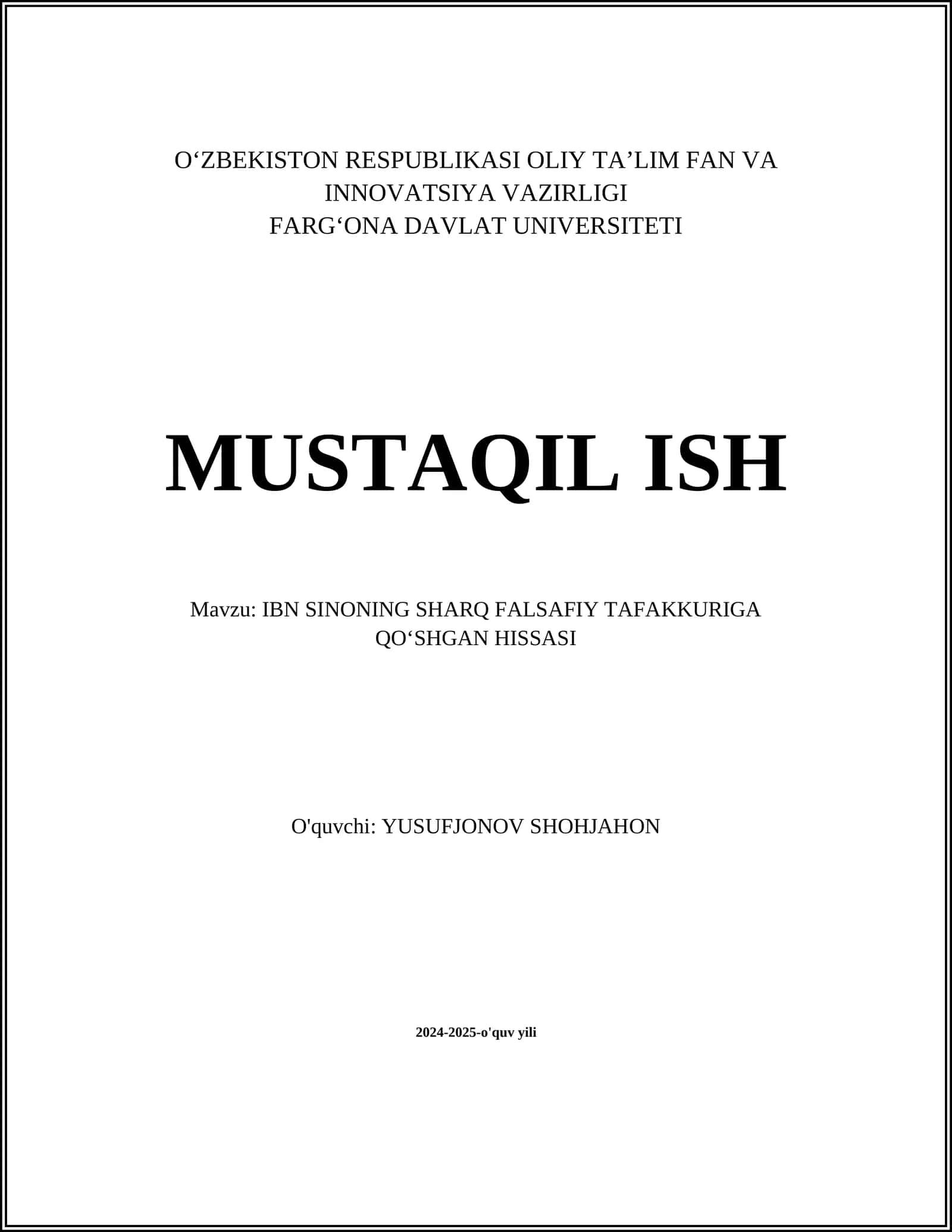 IBN SINONING SHARQ FALSAFIY TAFAKKURIGA QOʻSHGAN HISSASI