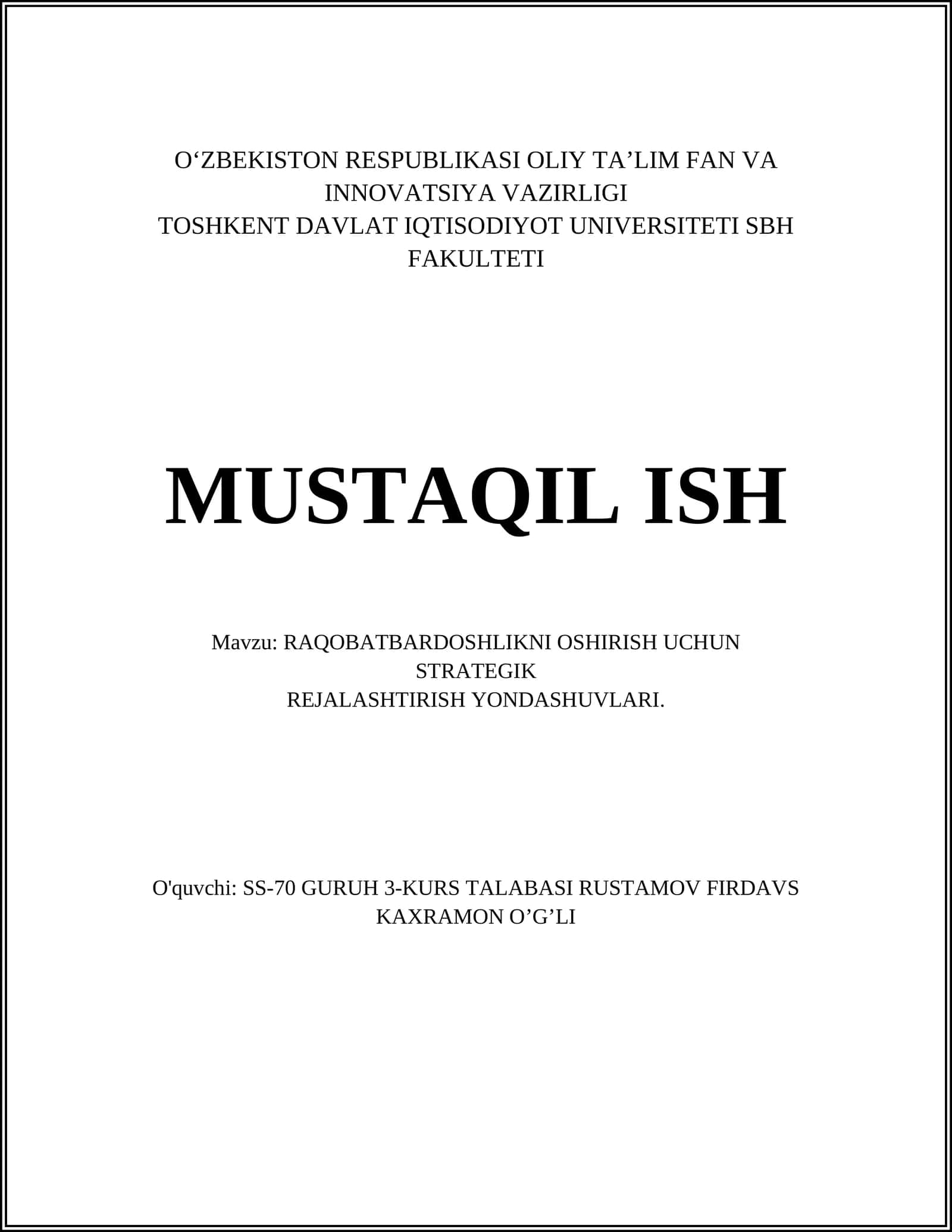 RAQOBATBARDOSHLIKNI OSHIRISH UCHUN STRATEGIK REJALASHTIRISH YONDASHUVLARI