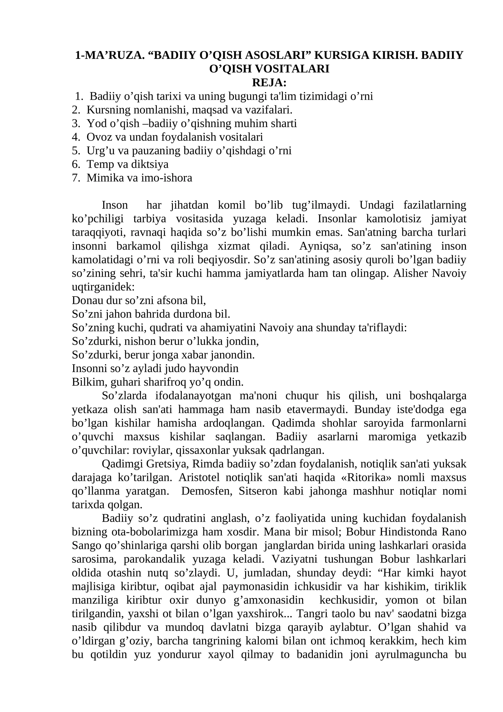 BADIIY O’QISH ASOSLARI
