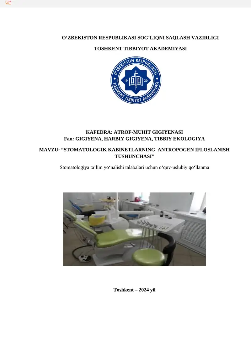 Stomatologik Kabinetlarning Antropogen Ifloslanish Tushunchasi