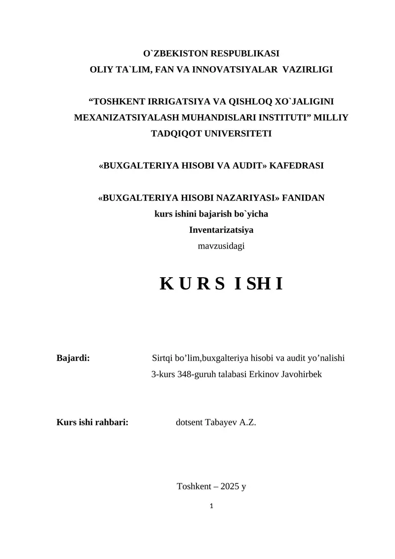 BAJARDI: INVENTARIZATSIYA HAQIDA TUSHUNCHA